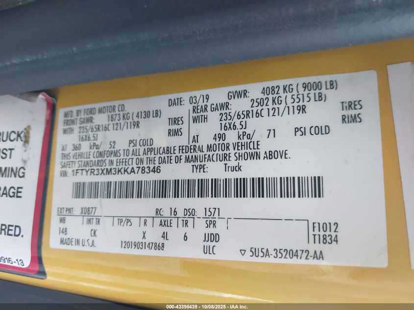 2019 Ford Transit-250 VIN: 1FTYR3XM3KKA78346 Lot: 43395439