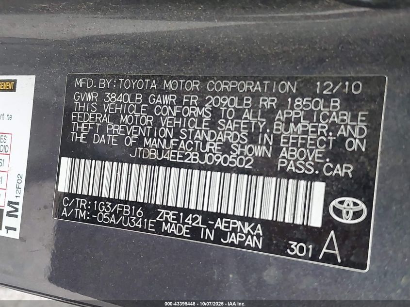 2011 Toyota Corolla Le VIN: JTDBU4EE2BJ090502 Lot: 43395448