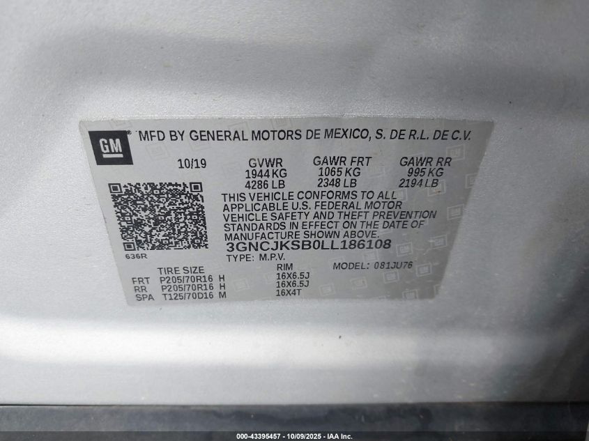 2020 Chevrolet Trax Fwd Ls VIN: 3GNCJKSB0LL186108 Lot: 43395457