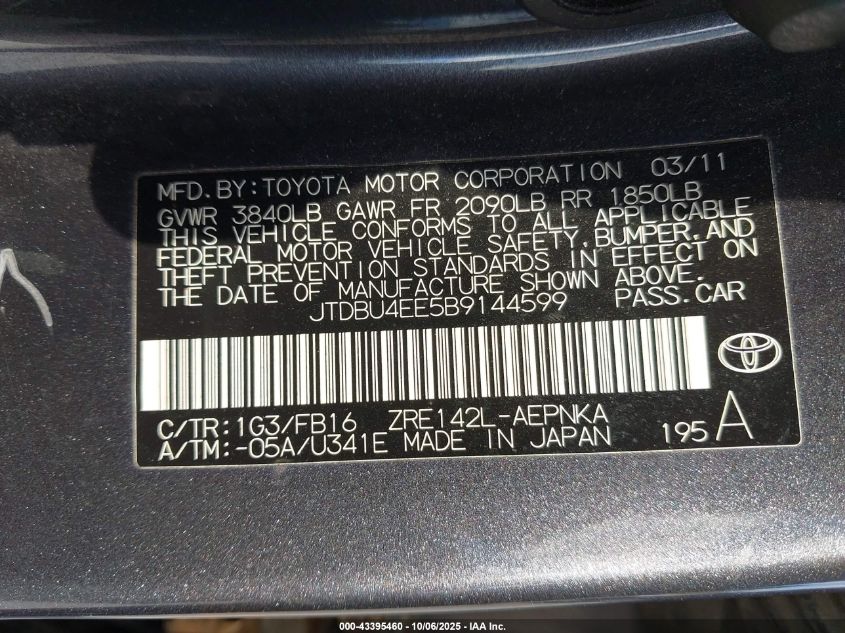 2011 Toyota Corolla Le VIN: JTDBU4EE5B9144599 Lot: 43395460