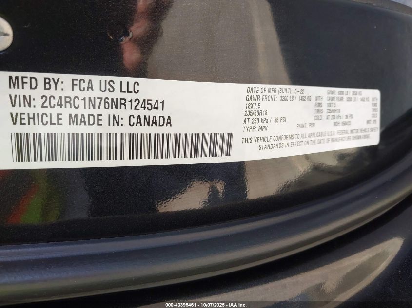 2022 Chrysler Pacifica Hybrid Pinnacle VIN: 2C4RC1N76NR124541 Lot: 43395461