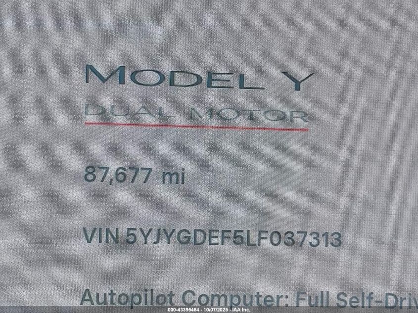 2020 Tesla Model Y Long Range Dual Motor All-Wheel Drive/Performance Dual Motor All-Wheel Drive VIN: 5YJYGDEF5LF037313 Lot: 43395464