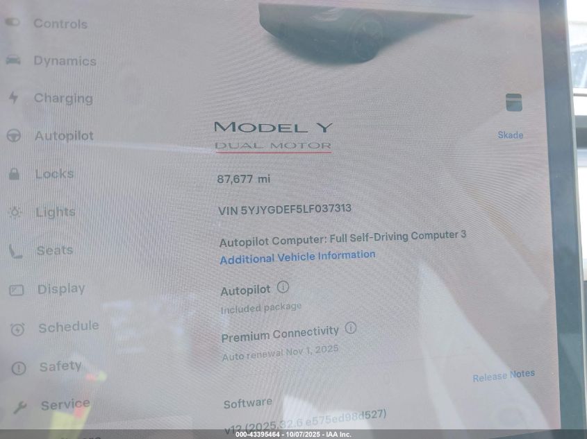 2020 Tesla Model Y Long Range Dual Motor All-Wheel Drive/Performance Dual Motor All-Wheel Drive VIN: 5YJYGDEF5LF037313 Lot: 43395464