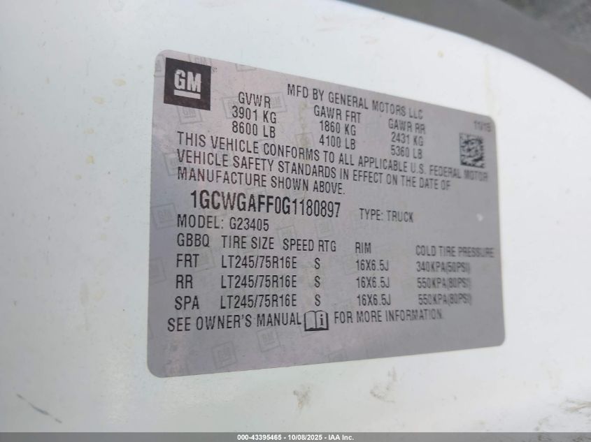 2016 Chevrolet Express 2500 Work Van VIN: 1GCWGAFF0G1180897 Lot: 43395465