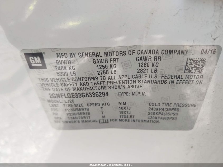 2016 Chevrolet Equinox Ltz VIN: 2GNFLGE33G6336294 Lot: 43395468