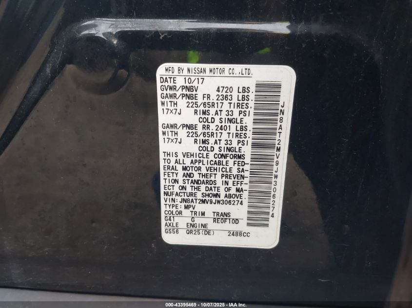 2018 Nissan Rogue Sv VIN: JN8AT2MV9JW306274 Lot: 43395469