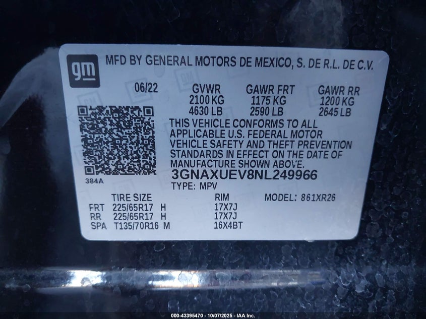 2022 Chevrolet Equinox Awd Lt VIN: 3GNAXUEV8NL249966 Lot: 43395470