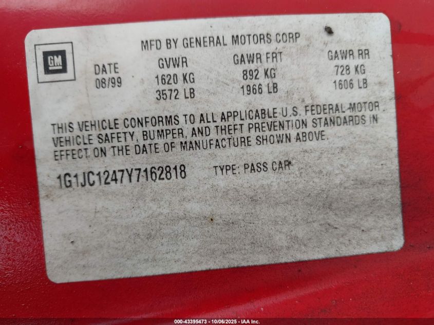 2000 Chevrolet Cavalier VIN: 1G1JC1247Y7162818 Lot: 43395473
