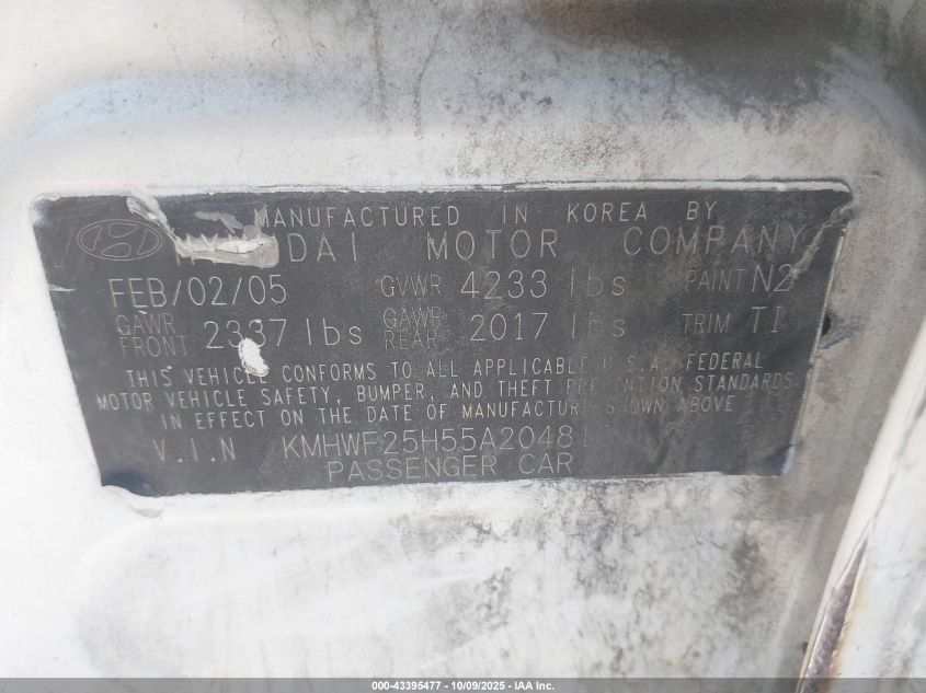 2005 Hyundai Sonata Gl V6 VIN: KMHWF25H55A204812 Lot: 43395477