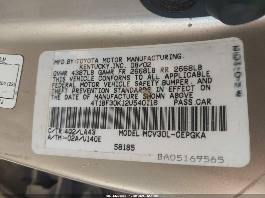 2002 Toyota Camry VIN: 4T1BF30K12U540118 Lot: 43395483