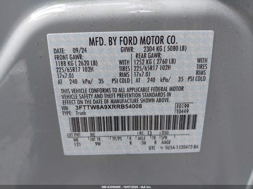 2024 Ford Maverick Xl VIN: 3FTTW8A9XRRB54008 Lot: 43395485