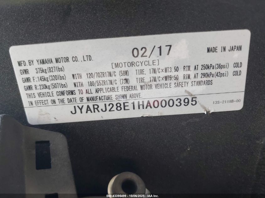 2017 Yamaha Yzfr6 VIN: JYARJ28E1HA000395 Lot: 43395499