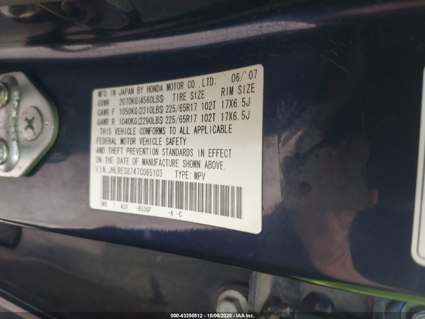 2007 Honda Cr-V Ex-L VIN: JHLRE38747C065103 Lot: 43395512