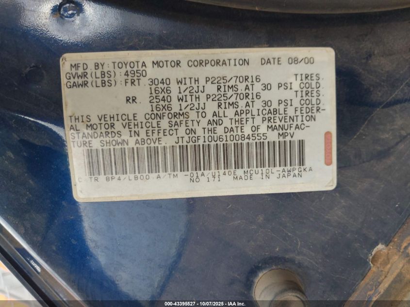 2001 Lexus Rx 300 VIN: JTJGF10U610084555 Lot: 43395527