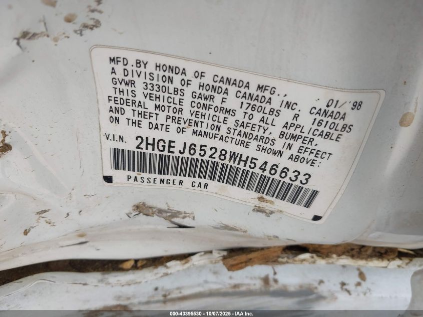 1998 Honda Civic Dx VIN: 2HGEJ6528WH546633 Lot: 43395530