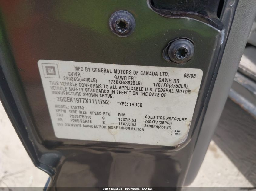 1999 Chevrolet Silverado 1500 Ls VIN: 2GCEK19T7X1111792 Lot: 43395533