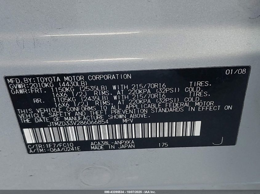 2008 Toyota Rav4 VIN: JTMZD33V286066854 Lot: 43395534