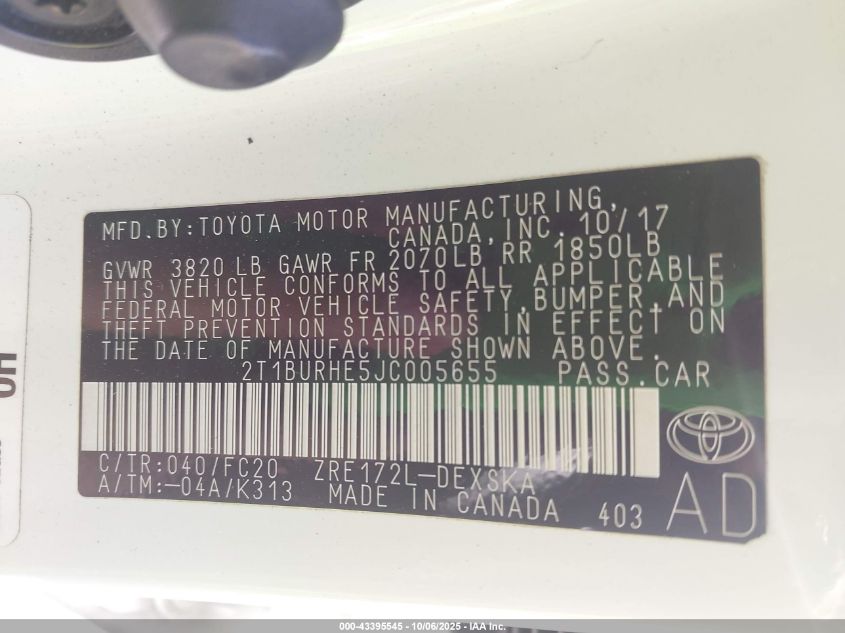 2018 Toyota Corolla Se VIN: 2T1BURHE5JC005655 Lot: 43395545