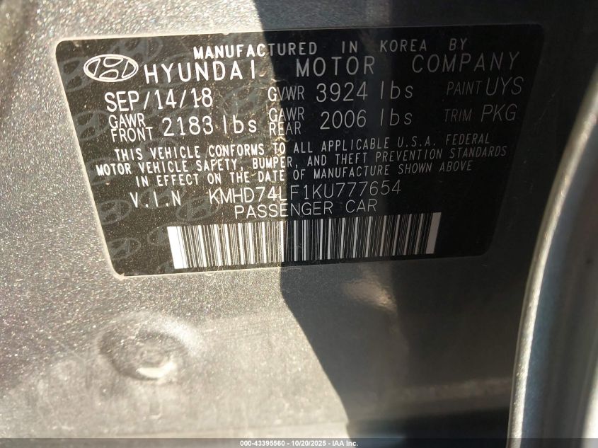 2019 Hyundai Elantra Se VIN: KMHD74LF1KU777654 Lot: 43395560