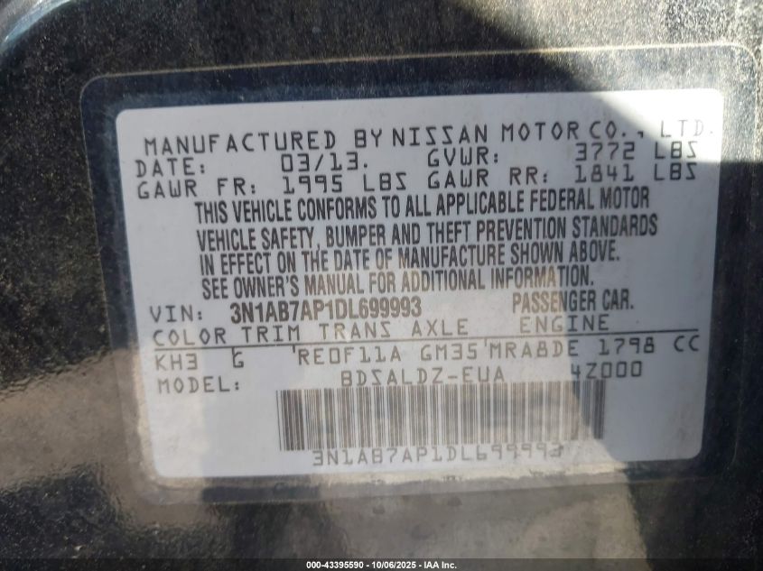 2013 Nissan Sentra Sv VIN: 3N1AB7AP1DL699993 Lot: 43395590