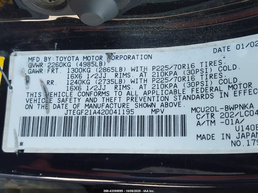 2002 Toyota Highlander Limited V6 VIN: JTEGF21A420041195 Lot: 43395595