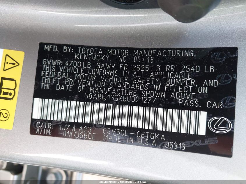 2016 Lexus Es 350 VIN: 58ABK1GGXGU021277 Lot: 43395608