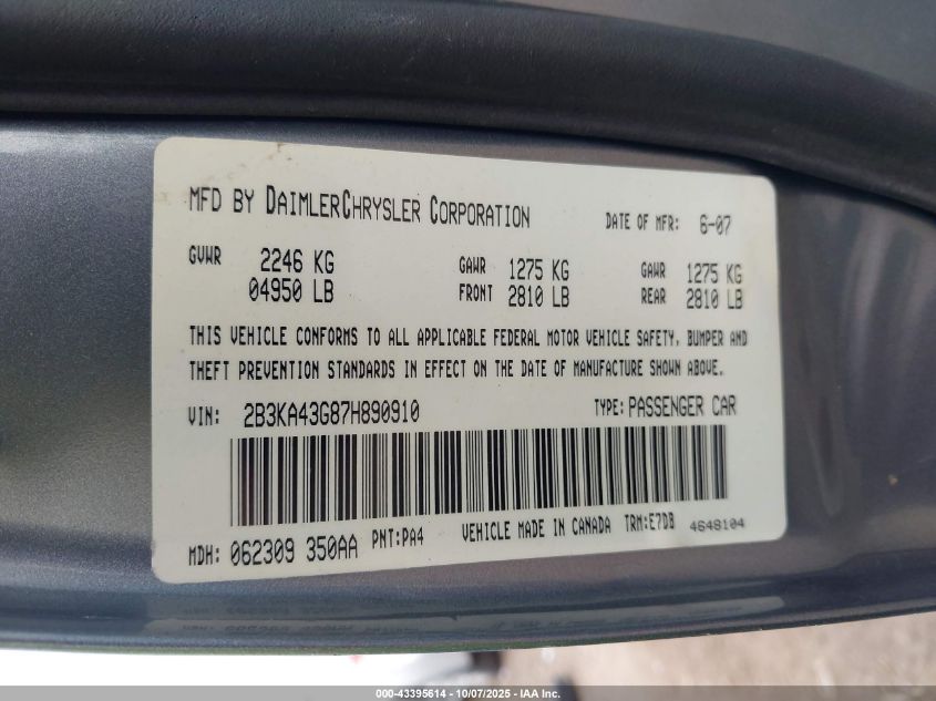 2007 Dodge Charger VIN: 2B3KA43G87H890910 Lot: 43395614