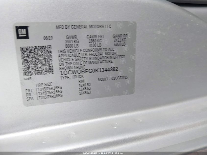 2019 Chevrolet Express 2500 Work Van VIN: 1GCWGBFG0K1344382 Lot: 43395621