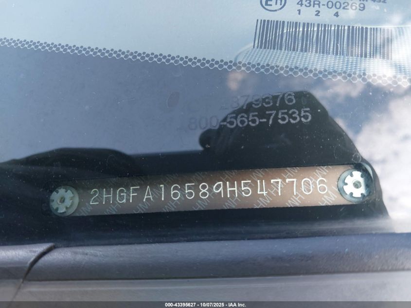 2009 Honda Civic Lx VIN: 2HGFA16589H547706 Lot: 43395627