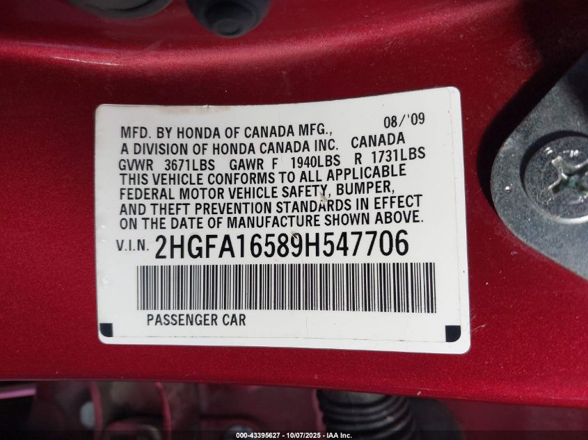 2009 Honda Civic Lx VIN: 2HGFA16589H547706 Lot: 43395627