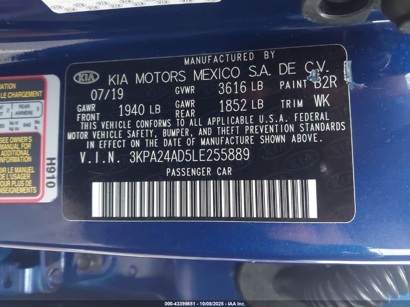 2020 Kia Rio S VIN: 3KPA24AD5LE255889 Lot: 43395651