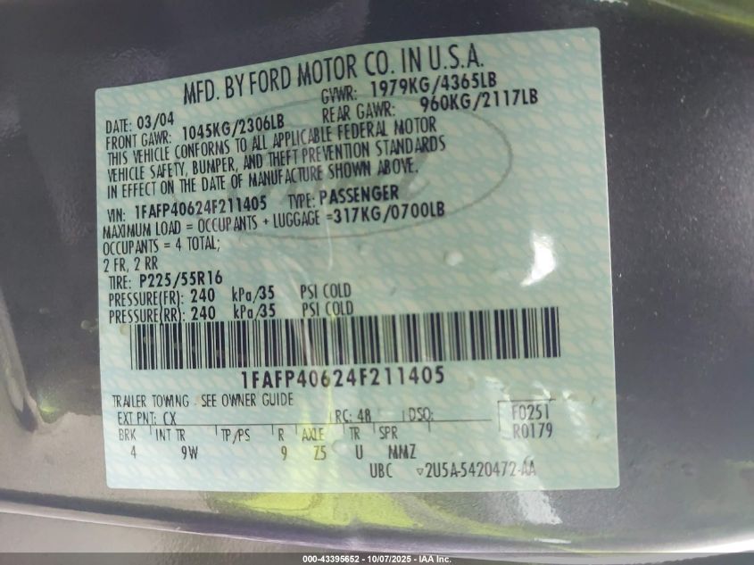 2004 Ford Mustang VIN: 1FAFP40624F211405 Lot: 43395652