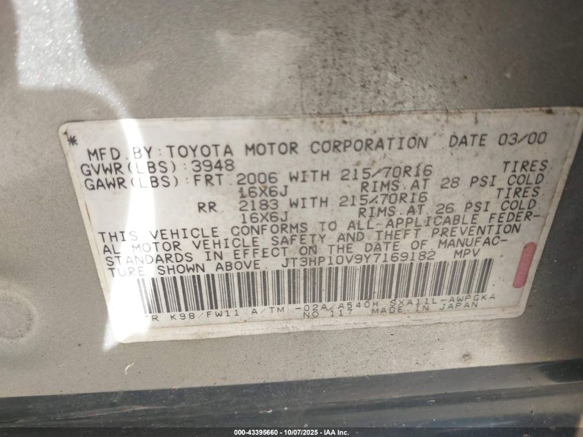 2000 Toyota Rav4 VIN: JT3HP10V9Y7169182 Lot: 43395660