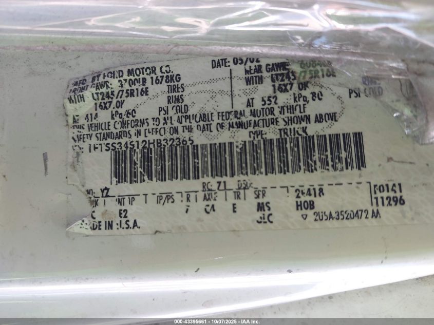 2002 Ford E-350 Super Duty Commercial/Recreational VIN: 1FTSS34S12HB32365 Lot: 43395661