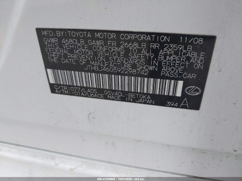 2009 Lexus Es 350 VIN: JTHBJ46G592298742 Lot: 43395665