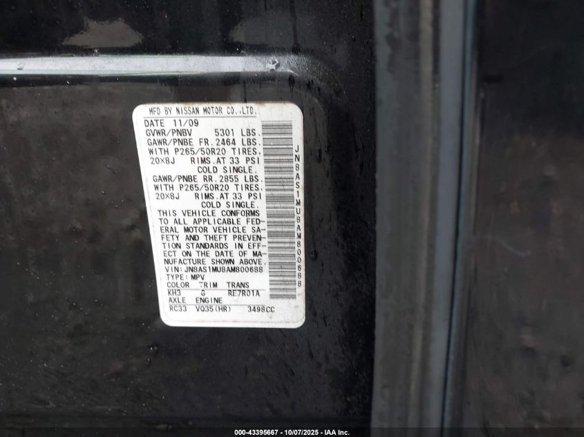 2010 Infiniti Fx35 VIN: JN8AS1MU8AM800688 Lot: 43395667