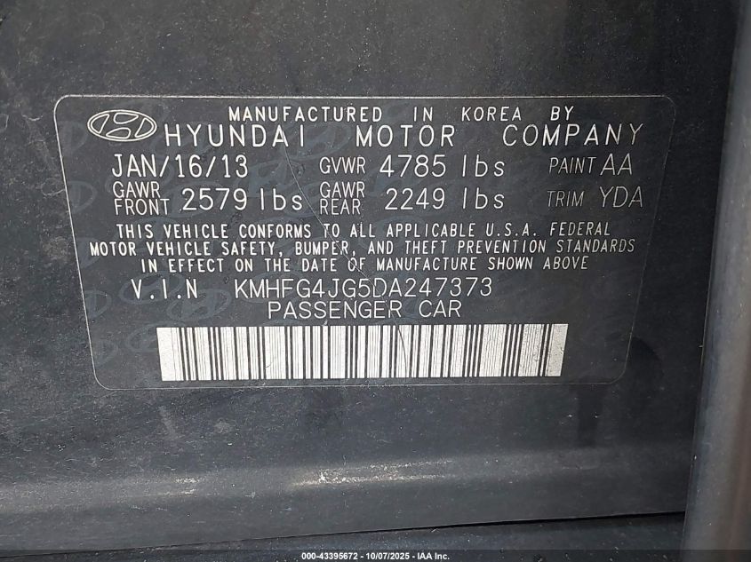 2013 Hyundai Azera VIN: KMHFG4JG5DA247373 Lot: 43395672