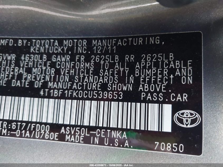 2012 Toyota Camry Le VIN: 4T1BF1FK0CU539653 Lot: 43395673