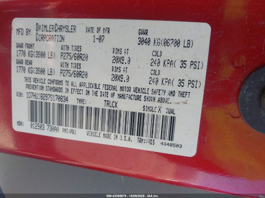 2007 Dodge Ram 1500 Slt/Trx4 Off Road/Sport VIN: 1D7HU18297S170834 Lot: 43395675