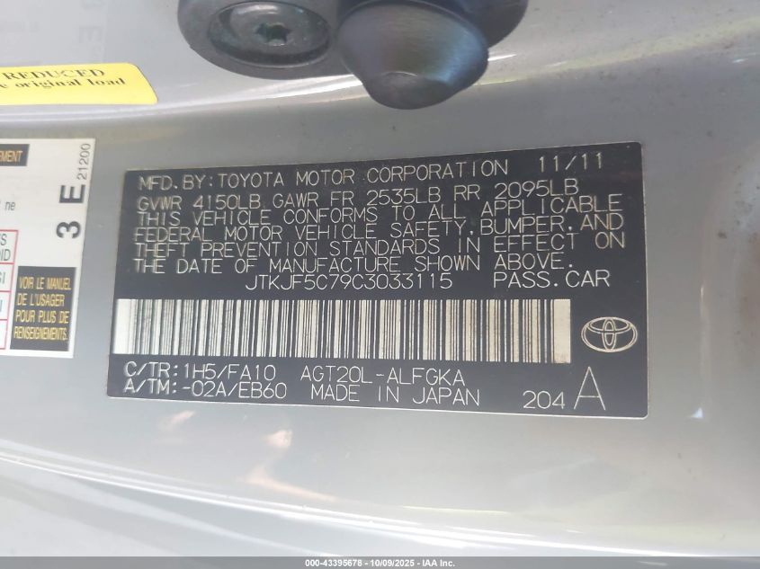 2012 Scion Tc VIN: JTKJF5C79C3033115 Lot: 43395678