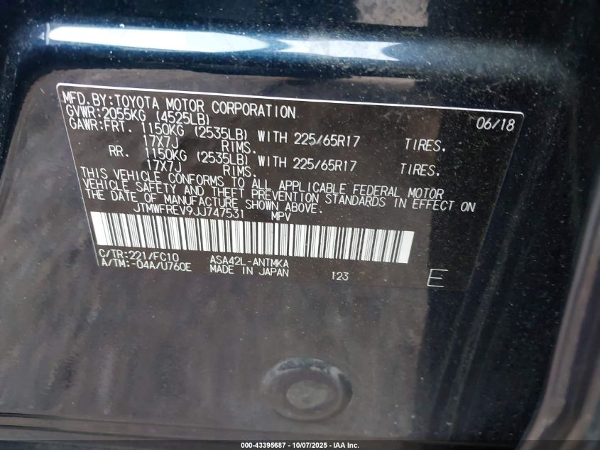 2018 Toyota Rav4 Xle VIN: JTMWFREV9JJ747531 Lot: 43395687