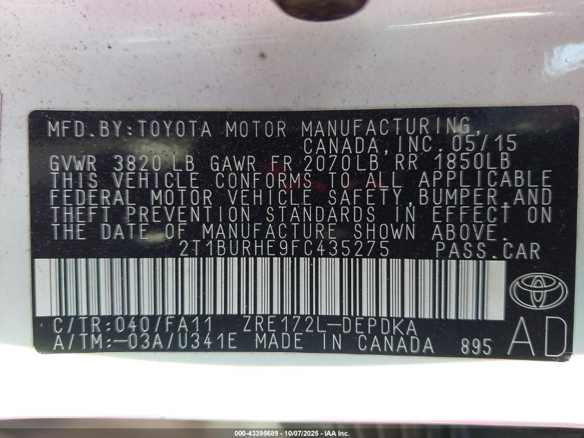 2015 Toyota Corolla L VIN: 2T1BURHE9FC435275 Lot: 43395689