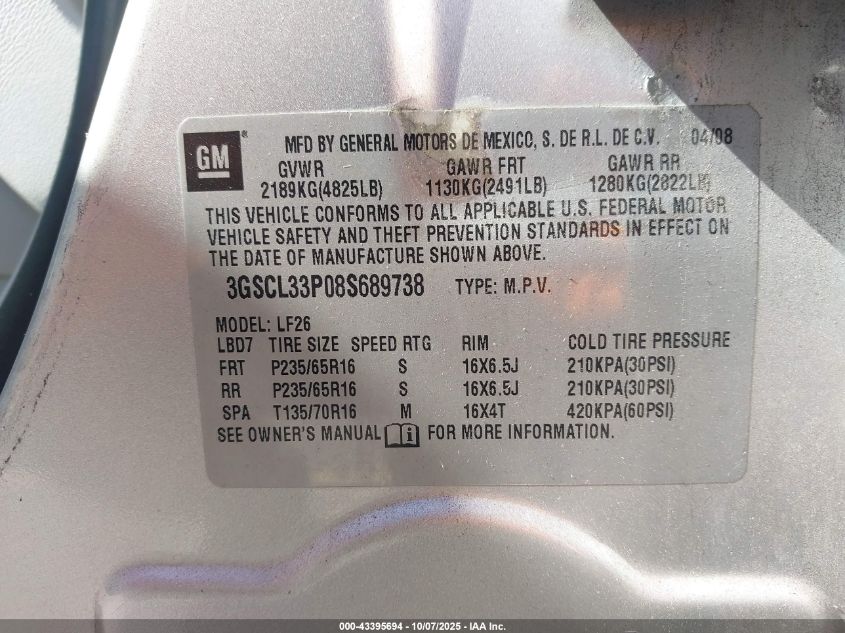 2008 Saturn Vue 4-Cyl Xe VIN: 3GSCL33P08S689738 Lot: 43395694