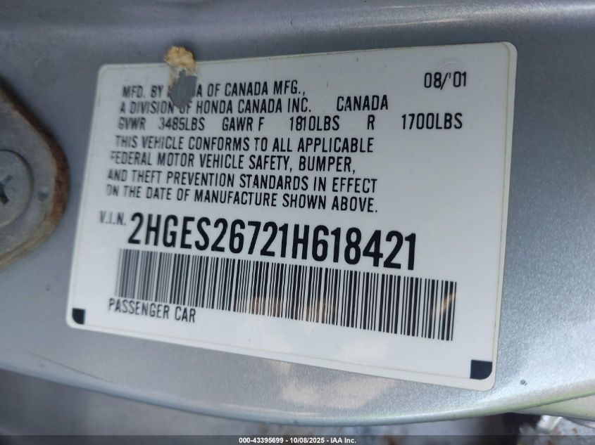 2001 Honda Civic Ex VIN: 2HGES26721H618421 Lot: 43395699