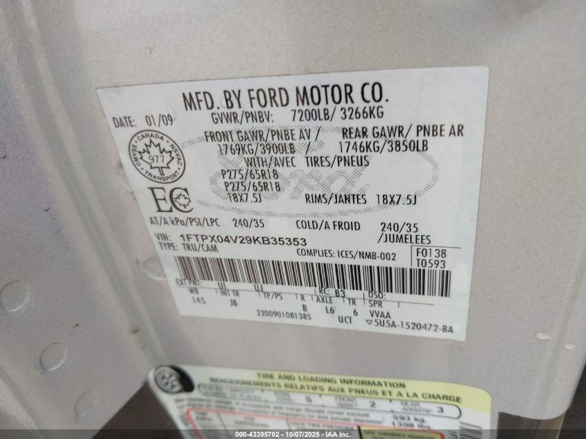 2009 Ford F-150 Fx4 VIN: 1FTPX04V29KB35353 Lot: 43395702