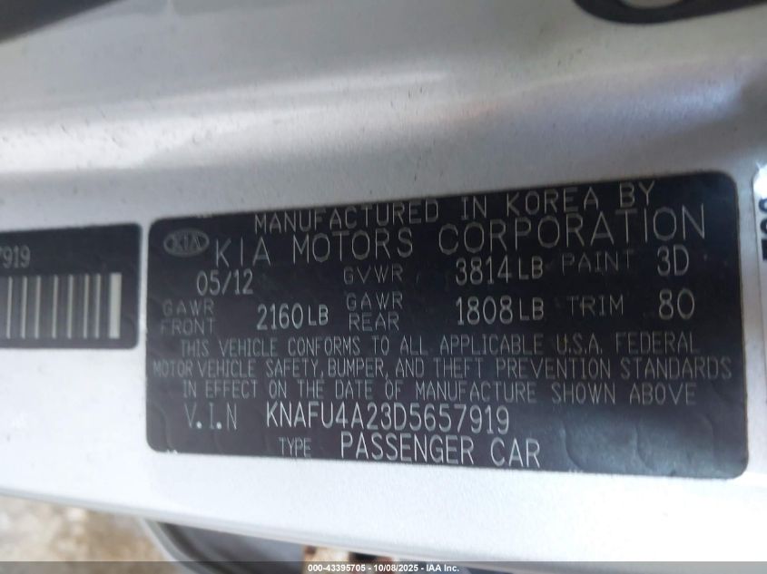 2013 Kia Forte Ex VIN: KNAFU4A23D5657919 Lot: 43395705