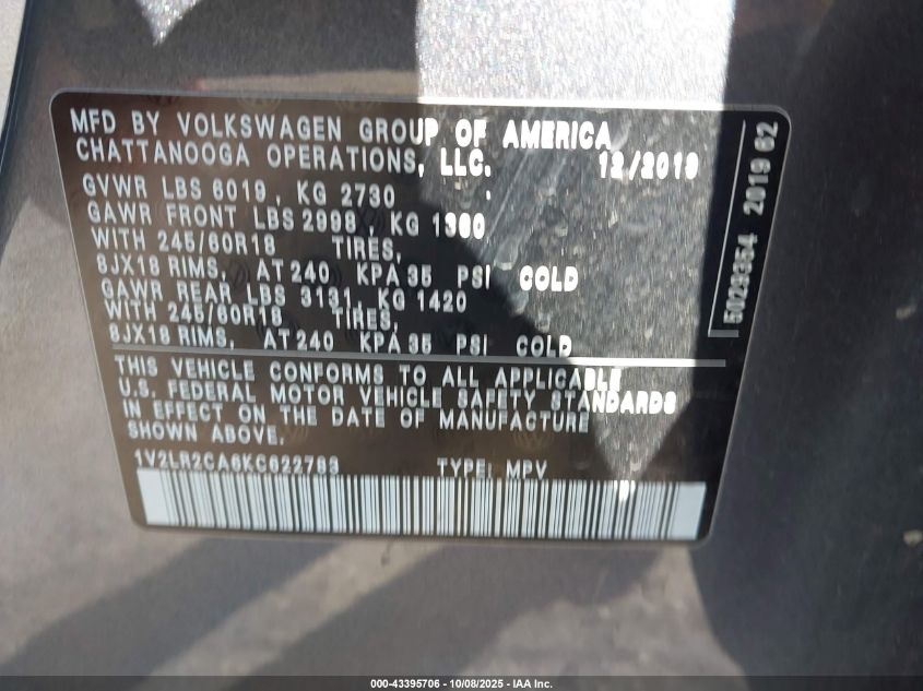 2019 Volkswagen Atlas 3.6L V6 Se VIN: 1V2LR2CA6KC622783 Lot: 43395706