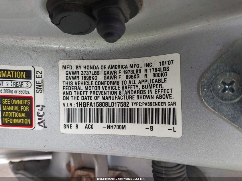 2008 Honda Civic Ex VIN: 1HGFA15808L017582 Lot: 43395708