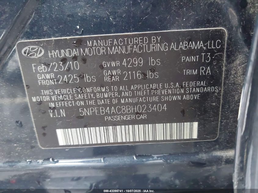 2011 Hyundai Sonata Gls VIN: 5NPEB4AC8BH023404 Lot: 43395741