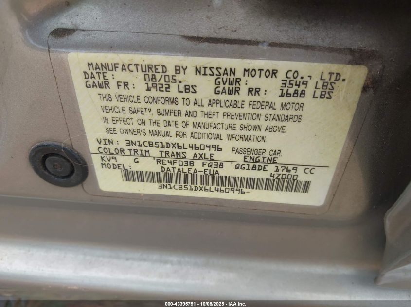 2006 Nissan Sentra 1.8S VIN: 3N1CB51DX6L460996 Lot: 43395751